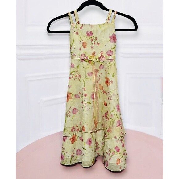 Rare Editions Yellow Floral Sleeveless A-Line Dress Mid Length Girls Size 5 - Picture 1 of 12